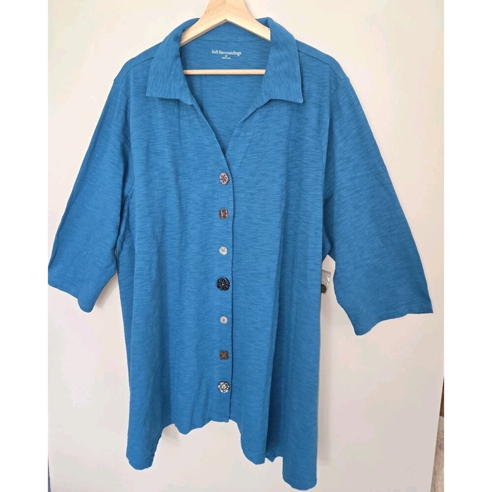 Soft Surroundings Womens 3X Teal Button Up Top 3/4 Sleeve Boho Lagenlook Cotton